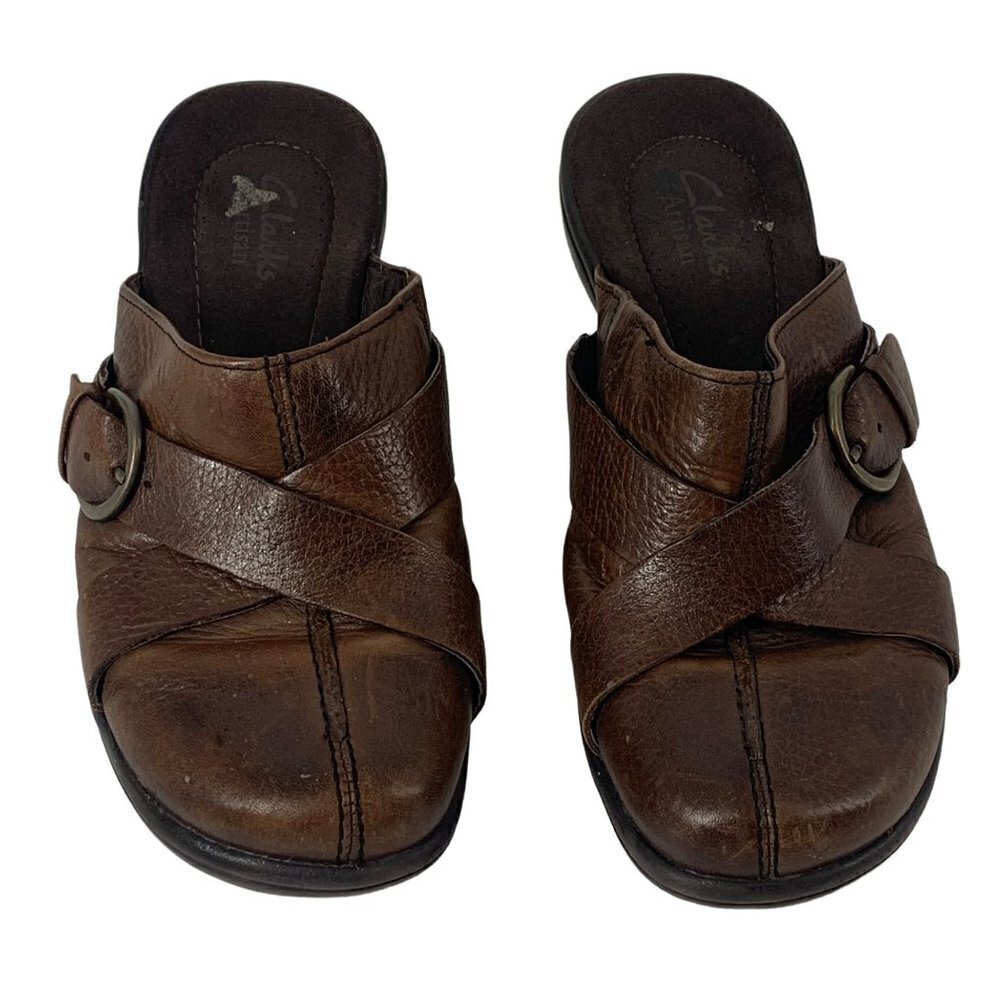 * Women’s Clarks Artisan Buckle Criss Cross Mules Brown Shoes Size 6